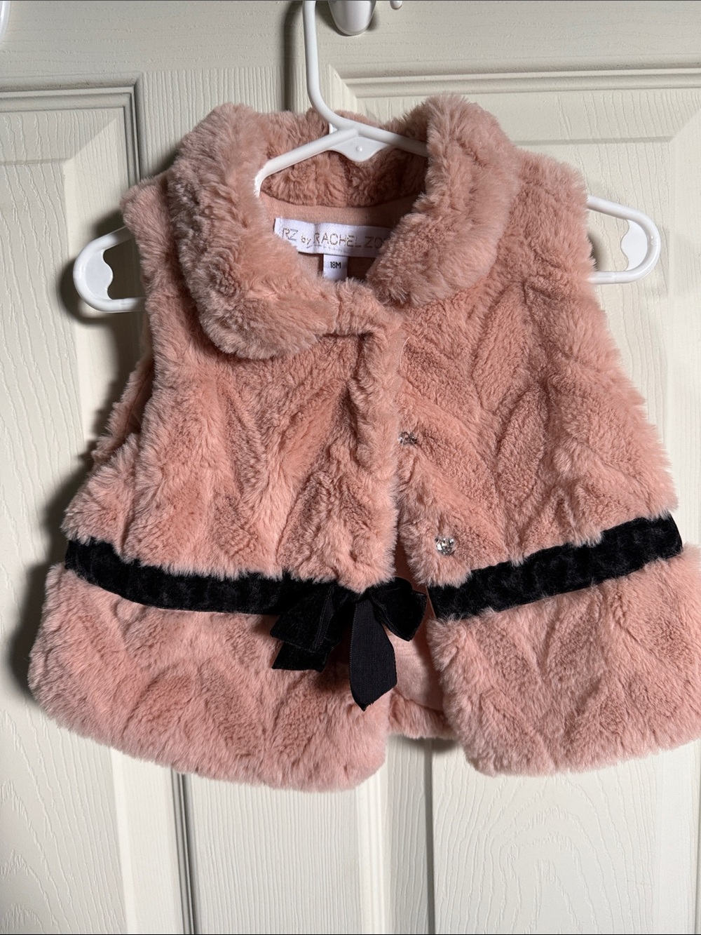 Pink Faux Fur Vest with Black Velvet Bow Trim